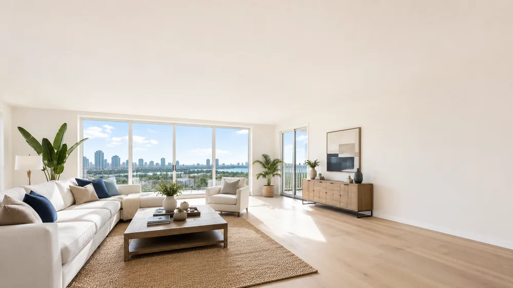 Bright, modern condo living room with a sofa, large windows, and a city-and-water view