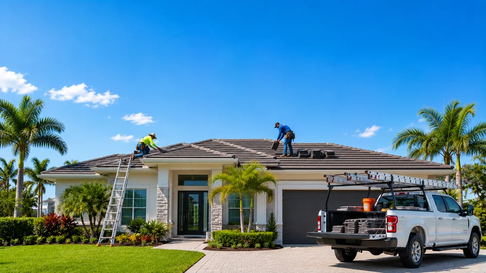 Roofing crew installing tile on a Florida home with a work truck parked in the driveway