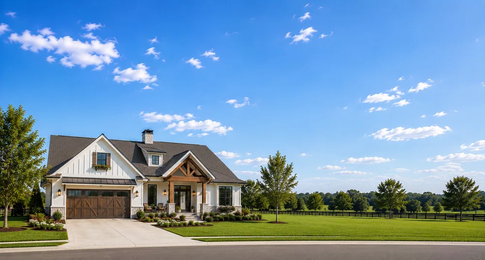White modern farmhouse with a large green lawn under a blue Florida sky