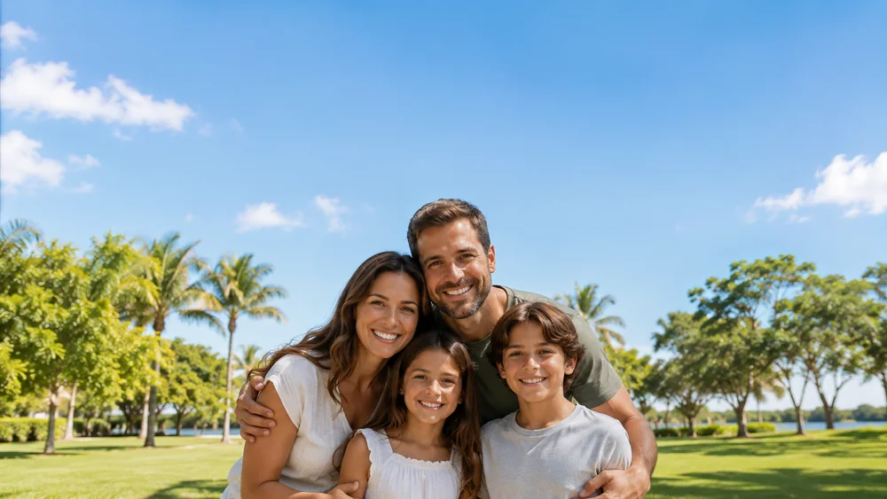 Smiling family of four outdoors in a sunny Florida park with palm trees and a lake behind them